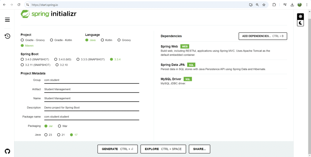 Spring Initializr interface for creating a Spring Boot application