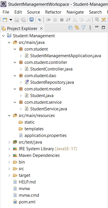 Project structure diagram of a Student Management application built with Spring Boot