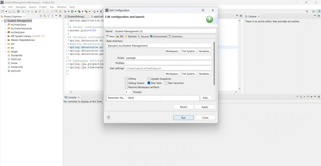 Screenshot illustrating the JAR file creation process in a Spring Boot application using Maven.