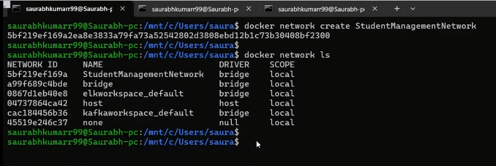 Screenshot showing Docker network creation for the Spring Boot application setup.