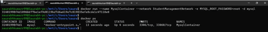 Screenshot showing Docker MySQL database creation for the Student Management Application.