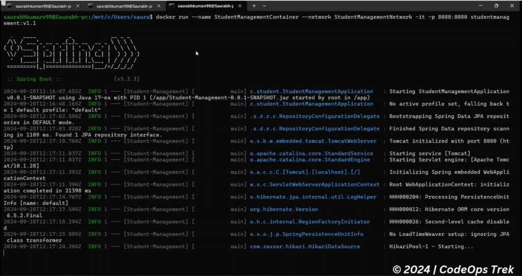 Screenshot showing the Student Management Application container running in Docker.