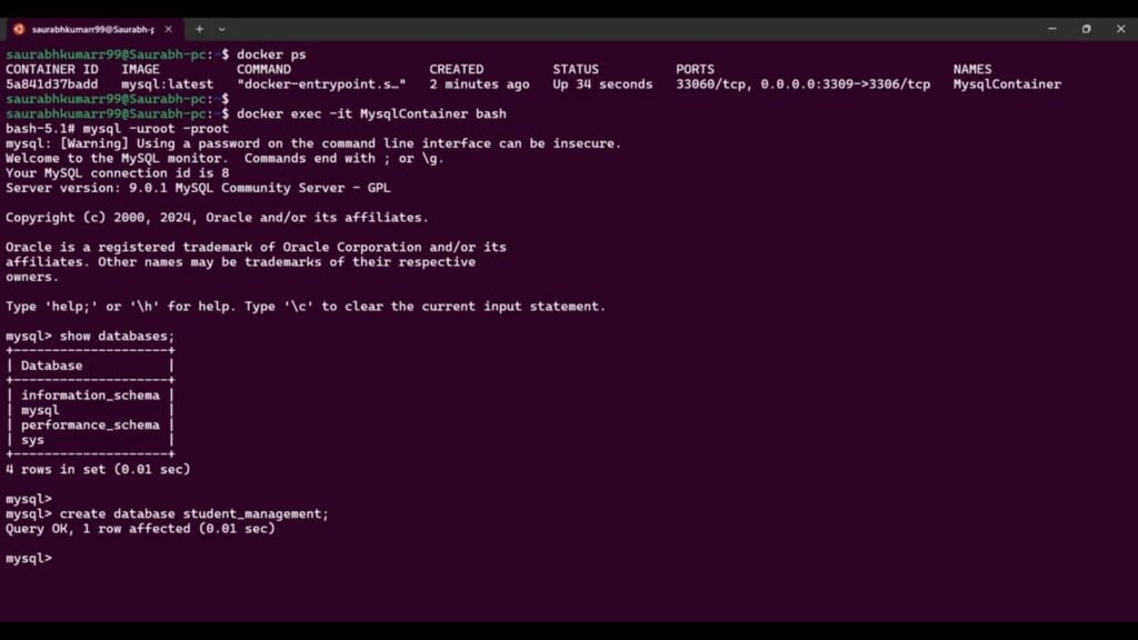 Screenshot of a terminal showing a running Docker container and database creation in MySQL