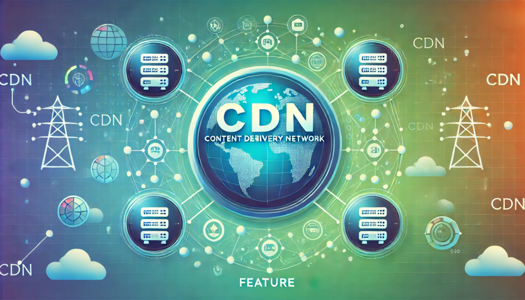 Illustration of Content Delivery Network (CDN) showing global servers, data transfer nodes, and cloud systems.