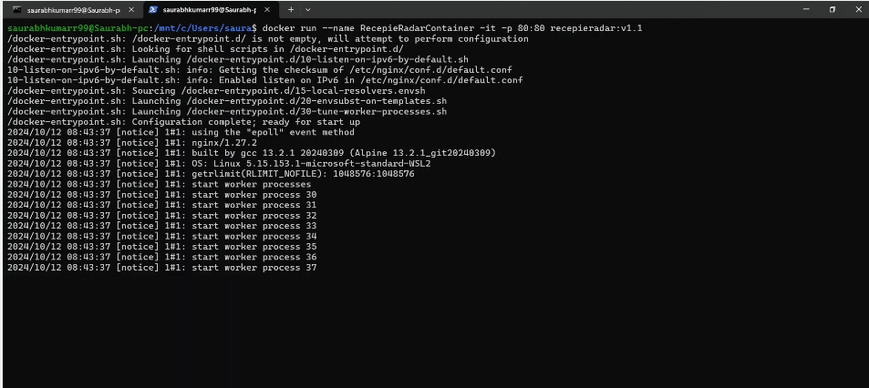 Docker image of a React application running successfully on port 80.