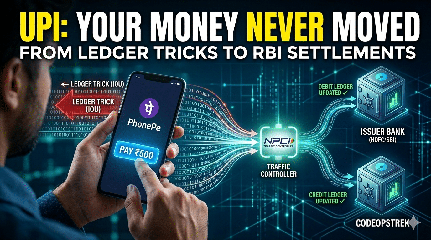Diagram showing UPI payment flow between payer, NPCI, issuer bank, and acquirer bank for ledger-based transactions.