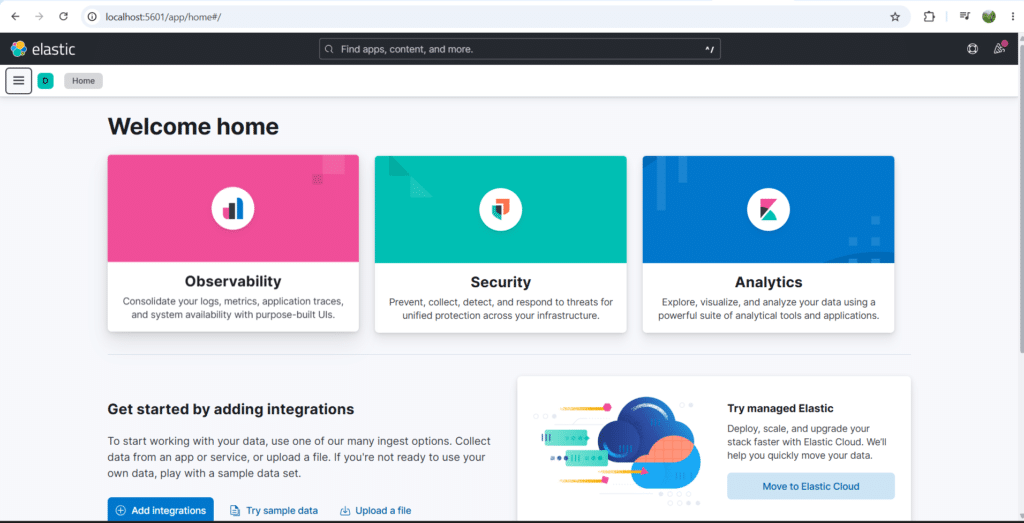 Kibana welcome home page with Observability, Security, and Analytics options after first-time Docker setup
