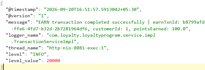 A single structured JSON log entry — level, logger_name, and requestId as independently searchable fields.
