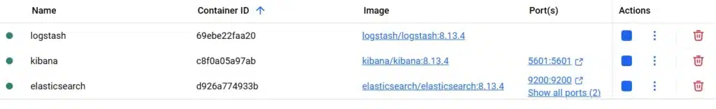 Setup ELK Stack in Docker showing active containers for Logstash, Kibana, and Elasticsearch running in Docker Desktop UI