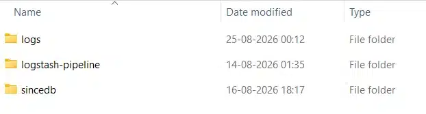 elk-resource folder showing logs, logstash-pipeline and sincedb subfolders