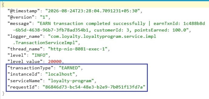 Enriched Spring Boot Logstash JSON log output showing injected MDC metadata fields including transactionType, instanceId, serviceName, and requestId