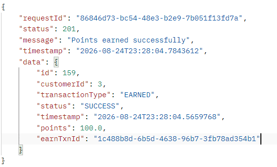 Spring Boot REST API JSON response payload featuring unified requestId for distributed tracing and transaction details
