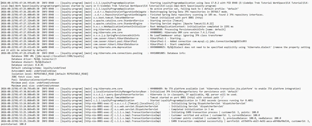 Spring Boot plain text log output showing loyalty-program EARN transaction flow