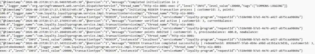 Spring Boot JSON log file for REDEEM transaction with requestId tracing, Logstash ready